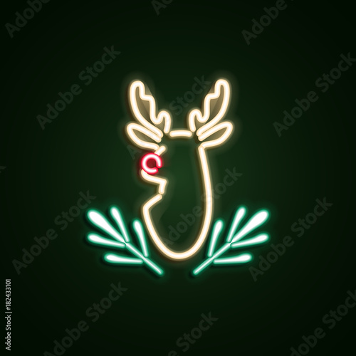 Christmas deer neon sign. Neon sign, bright signboard, light banner. Vector icons
