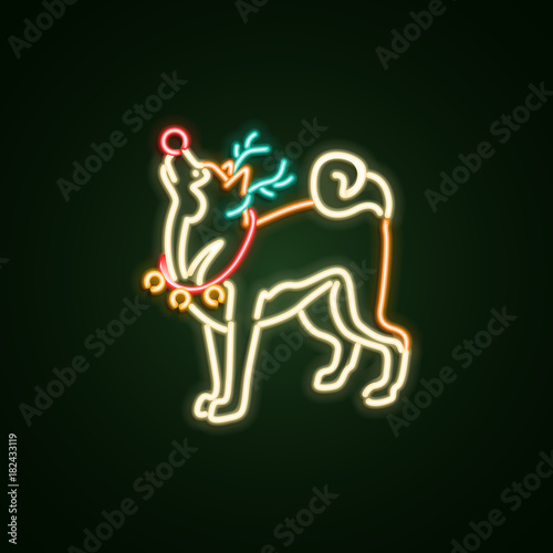 Christmas dog neon sign. Neon sign, bright signboard, light banner. Vector icons
