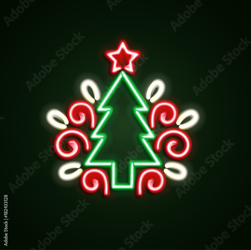 Christmas tree neon sign. Neon sign, bright signboard, light banner. Vector icons
