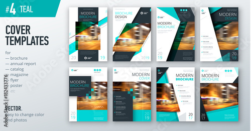 Set of business cover design template in teal color for brochure, report, catalog, magazine or booklet. Creative vector background concept
