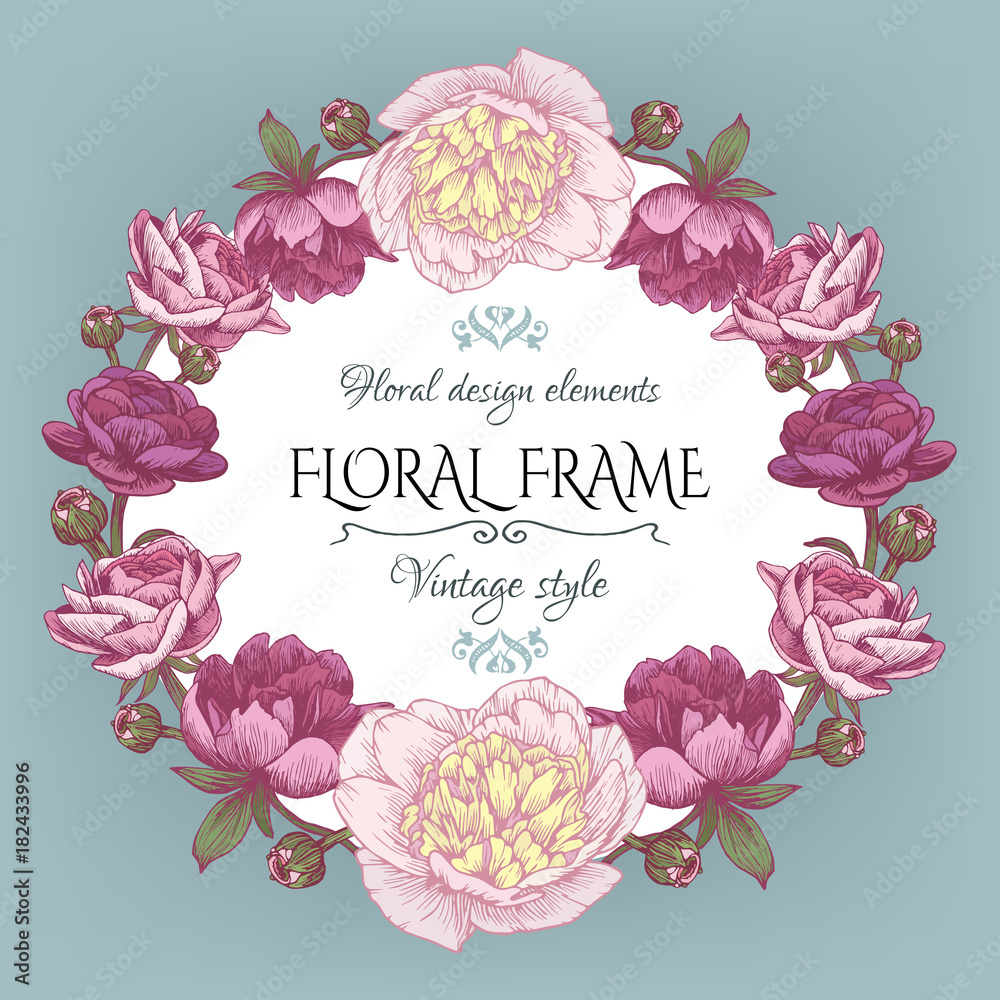 Cute vintage floral card with a frame of peonies and persian buttercup. Beautiful wreath in shabby chic style. Vector illustration.