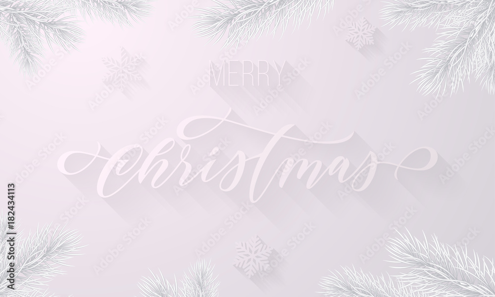 Merry Christmas frozen ice hand drawn calligraphy font for greeting card and snowflakes on snow white background. Vector Christmas or New Year winter holiday premium icy fir branch decoration Merry Christmas frozen ice hand drawn calligraphy font for greeting card and snowflakes on snow white background. Vector Christmas or New Year winter holiday premium icy fir branch decoration