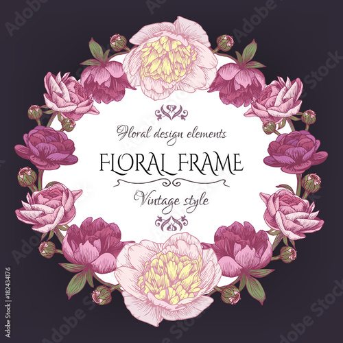 Cute vintage floral card with a frame of peonies and persian buttercup. Beautiful wreath in shabby chic style. Vector illustration.