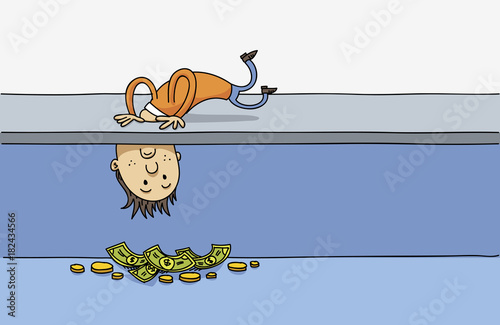 A cartoon man lying on the ground, poking his head down a hole and looking at cash and coin money underground.