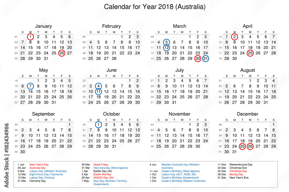 Calendar of year 2018 with public holidays and bank holidays for Australia Calendar of year 2018 with public holidays and bank holidays for Australia