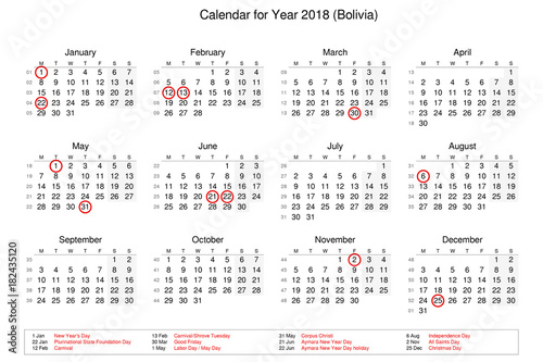 Calendar of year 2018 with public holidays and bank holidays for Bolivia