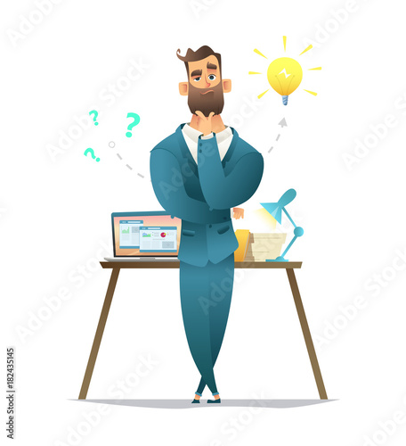 Businessman thinking. Thinking man surrounded by question marks and idea. Vector flat cartoon design illustration isolated on white background.
