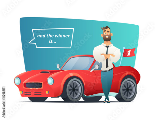 Happy businessman standing near the sport car. Man winner and his sports car. Vector illustration