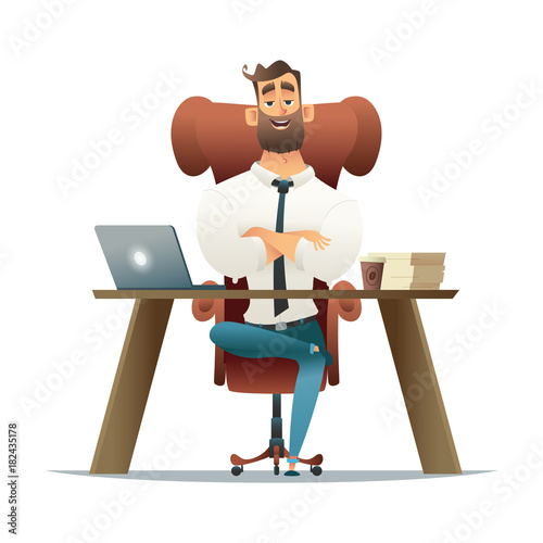 Businessman entrepreneur working on a laptop computer at his office desk.Cartoon style vector illustration. Manager on workplace. Man sitting on armchair.