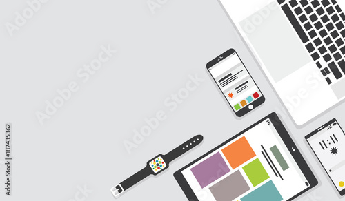 Top view of table working and working desk with gadget and free space for text with accessory on the table, laptop, notebook, phone, clock