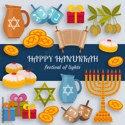 Hanukkah greeting card with Torah, menorah and dreidels. Place for your Text. Vector illustration.