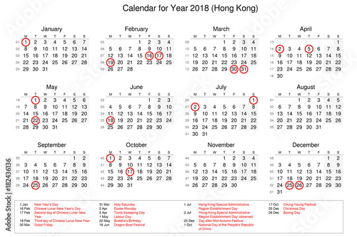 Calendar of year 2018 with public holidays and bank holidays for hong kong  stock illustration | adobe stock