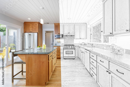 Φωτογραφία Split Screen Of Drawing and Photo of New Kitchen - Illustration