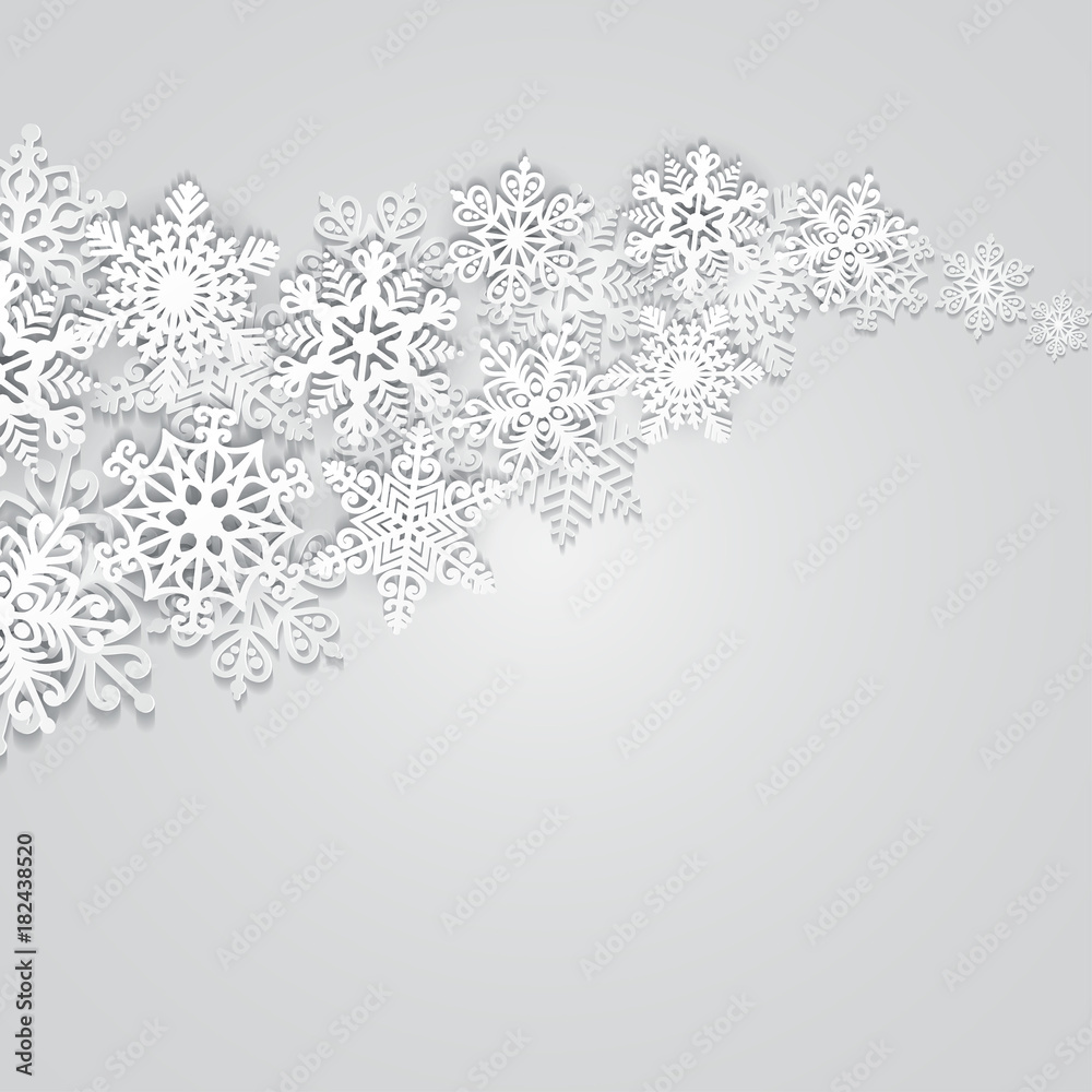 Vector illustration abstract Christmas background with volumetric snowflakes. Winter paper art design. 3D snowflakes with shadow. Xmas and new year card template Vector illustration abstract Christmas background with volumetric snowflakes. Winter paper art design. 3D snowflakes with shadow. Xmas and new year card template