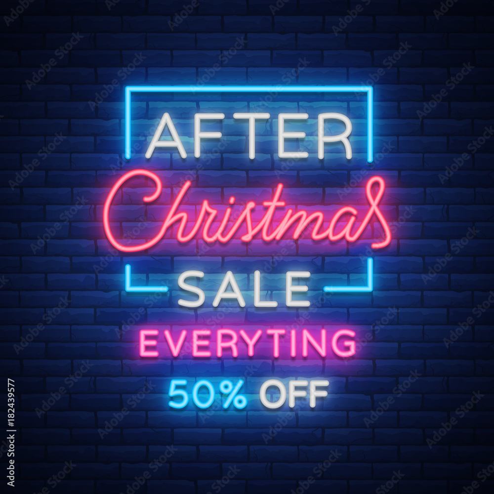 Christmas sales, neon sign, advertising bright festive discounts. New Year card sale, light banner. Xmas Winter Discounts, Flyer Flyer for your projects. Vector illustration