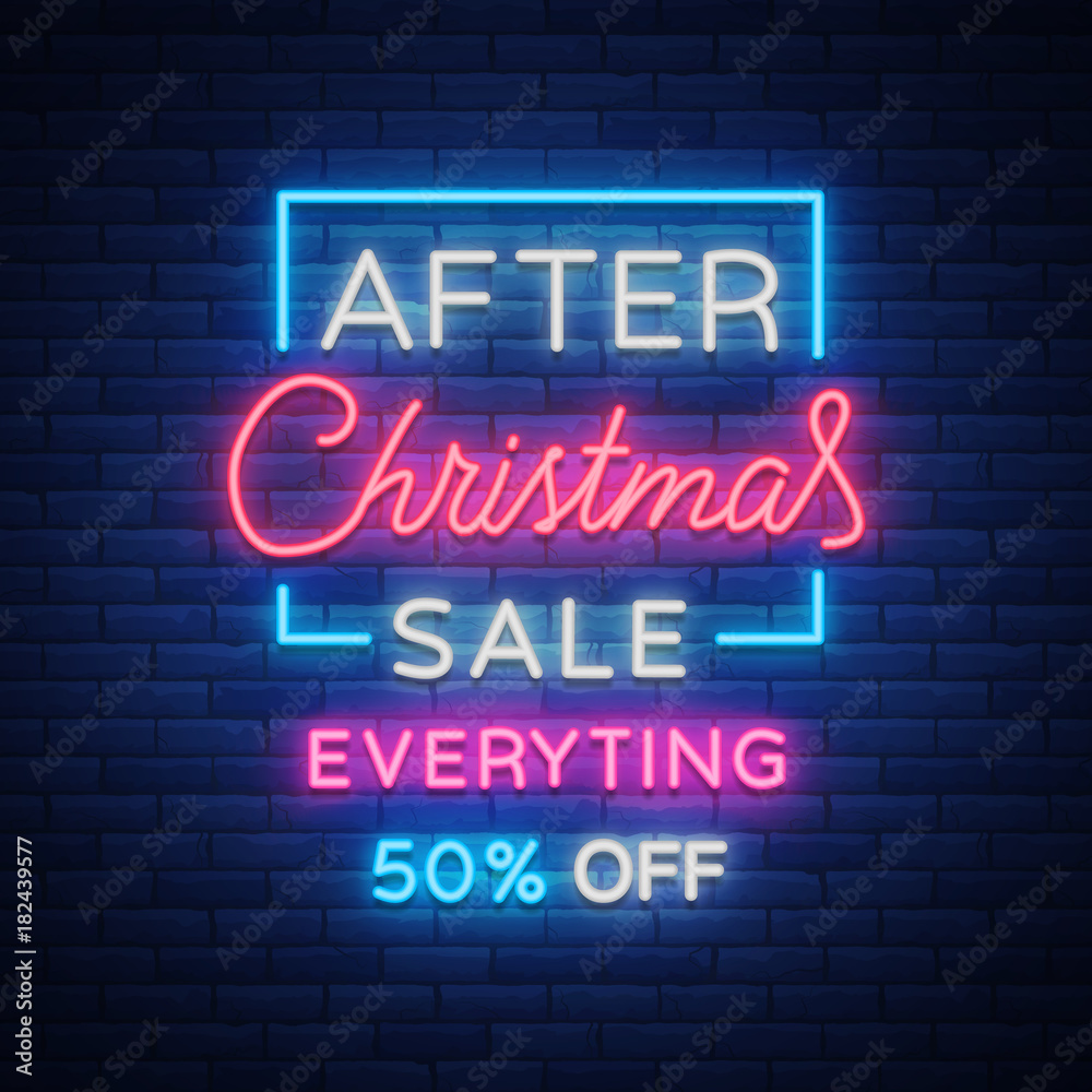 Fototapeta premium Christmas sales, neon sign, advertising bright festive discounts. New Year card sale, light banner. Xmas Winter Discounts, Flyer Flyer for your projects. Vector illustration