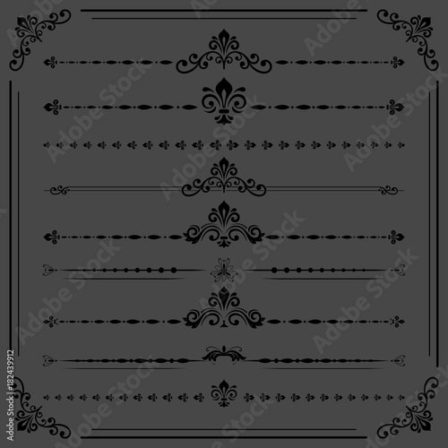 Vintage set of dark decorative elements. Horizontal separators in the frame. Collection of different ornaments. Classic patterns. Set of vintage patterns