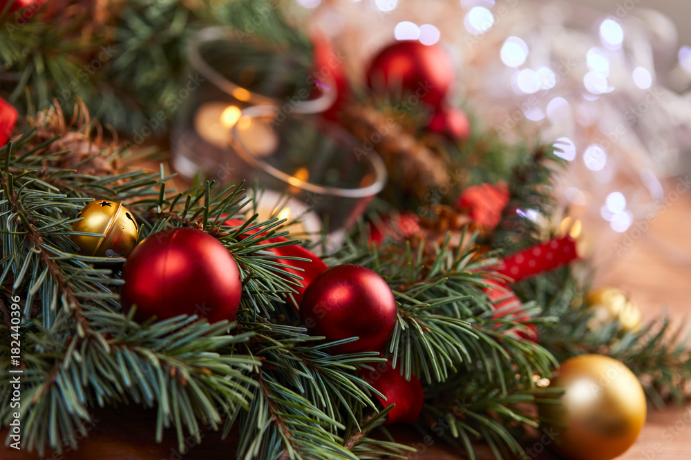 christmas wreath with red and golden balls