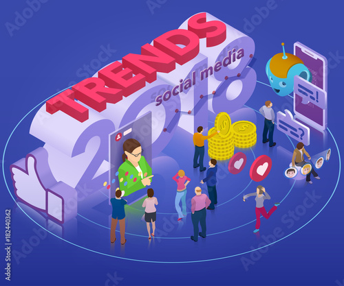 Trends in social network 2018. Flat 3d isometric banner. Chatbot, video broadcast, stories, SMM promotion, online analytics. Inspiration concept template layout, diagram. Vector illustration.