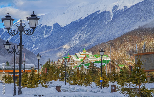 KRASNAYA POLYANA, SOCHI, RUSSIA - JANUARY 31, 2016: The complex of cottages 