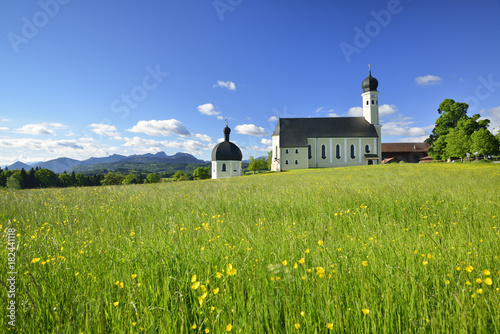 Pilgrimage Church St. Marinus und Anian with Mangfall Mountains in background, Wilparting, Irschenberg, Upper Bavaria, Bavaria, Germany photo