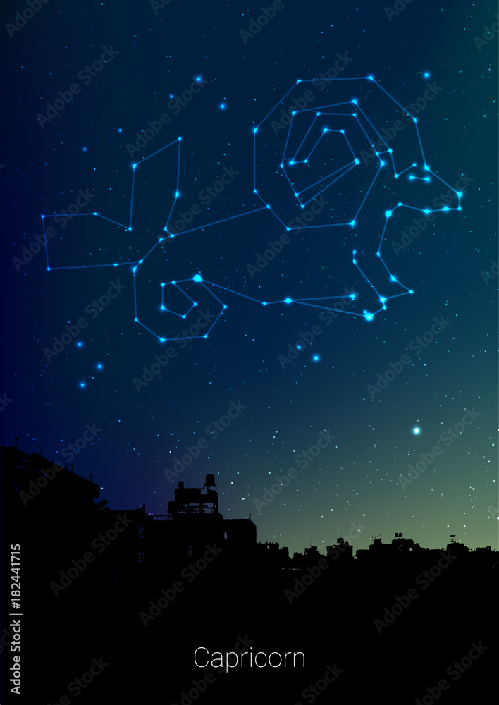 Capricorn zodiac constellations sign with forest landscape silhouette on beautiful starry sky with galaxy and space behind. Capricorn horoscope symbol constellation on deep cosmos background. Capricorn zodiac constellations sign with forest landscape silhouette on beautiful starry sky with galaxy and space behind. Capricorn horoscope symbol constellation on deep cosmos background.
