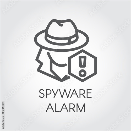 Spyware alarm icon in line design. Abstract human figure in hat and exclamation mark contour pictograph. Spy outline sign. Criminal, suspicious man, warning danger concept. Vector illustration