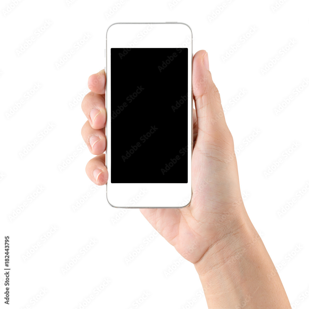 Hand holding smartphone with blank screen isolated on white background Hand holding smartphone with blank screen isolated on white background