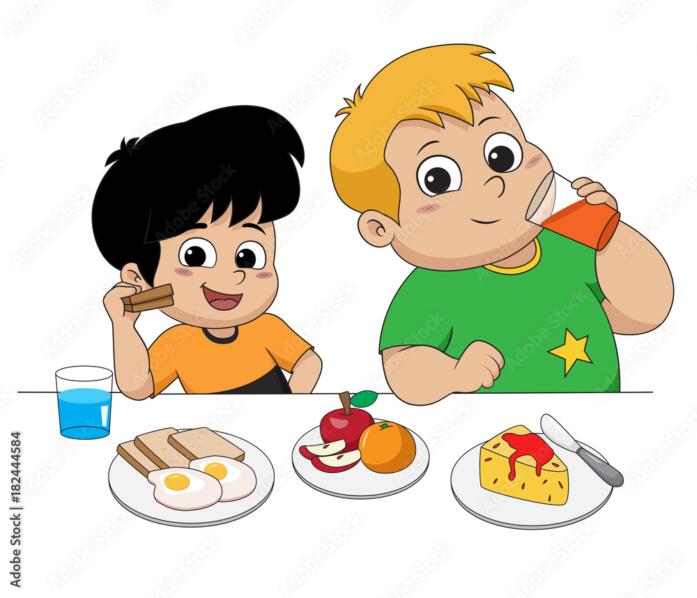 Kid eating and talking with friends.Vector and illustration. Kid eating and talking with friends.Vector and illustration.