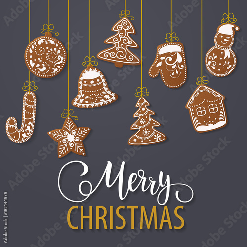 Set of christmas gingerbread decorated cookies. Christmas tree, snowflakes, gifts. Winter holidays. Vector Illustration EPS10.