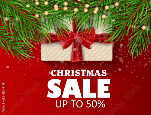 Christmas sale on a beautiful background. Christmas tree and toys, gifts. Vector illustration