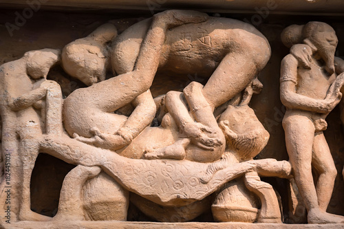 Close up erotic stone carving in Lakshman Temple