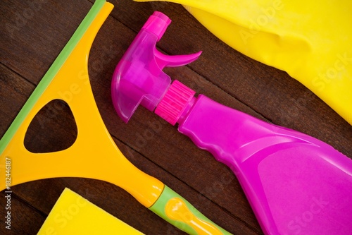 Cleaning equipment arranged on wooden floor