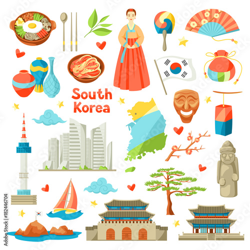 South Korea icons set. Korean traditional symbols and objects