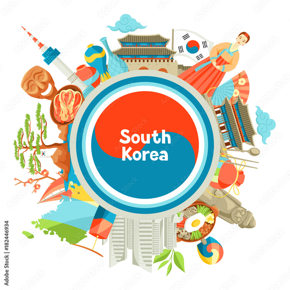 South Korea background design. Korean traditional symbols and objects
