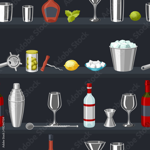 Cocktail bar seamless pattern. Essential tools, glassware, mixers and garnishes.