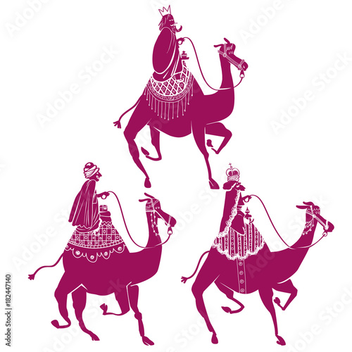 THE THREE WISE MEN. MELCHOR, GASPAR AND BALTASAR AND THEIR CAMELS.
Christmas elements. Illustrations and designs.