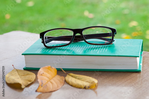 Closed green book and glasses on the table in the autumn garden. Yellow leaves.