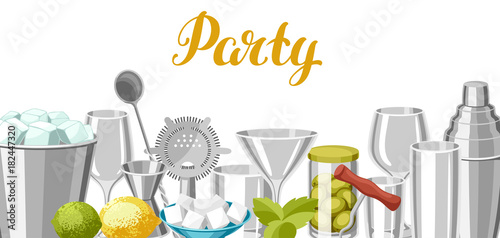Cocktail bar background. Essential tools, glassware, mixers and garnishes.