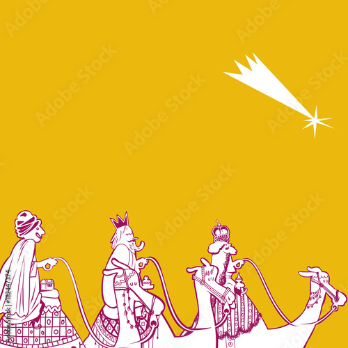 THE THREE WISE MEN. MELCHOR, GASPAR AND BALTASAR FOLLOW THE SHOOTING STAR.
Christmas elements. Illustrations and designs.