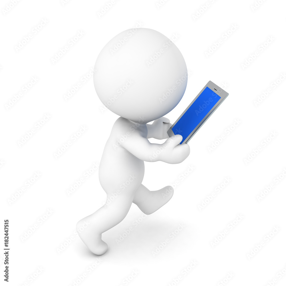 3D Character walking and looking into tablet phone device 3D Character walking and looking into tablet phone device