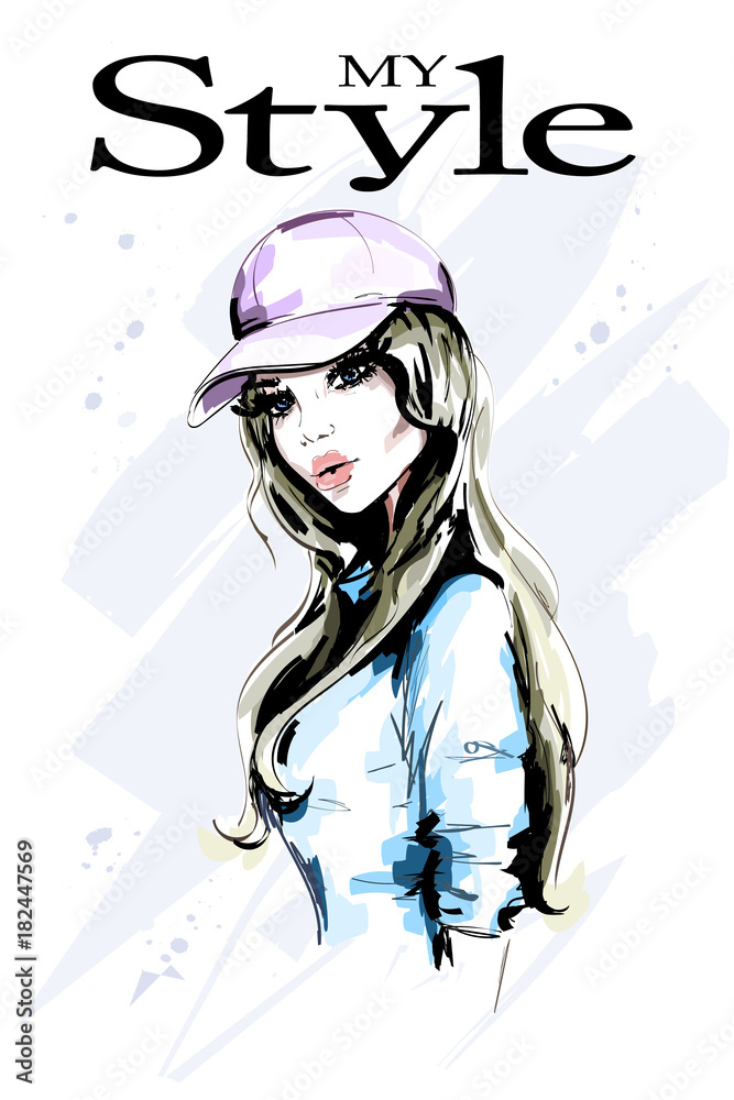Fashion woman in cap. Hand drawn beautiful young woman portrait. Fashion model. Stylish girl. Sketch.