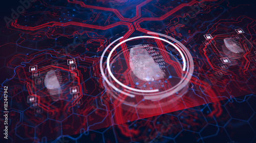 Cybersecurity and information technology. Blue, red background with digital integrated network technology. Printed circuit board. Technology background. 3D illustration.