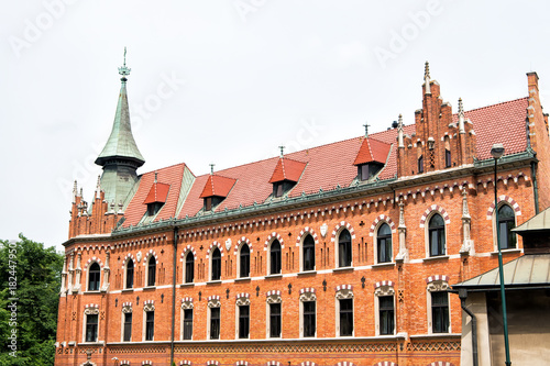 Building of red brick in krakow, poland