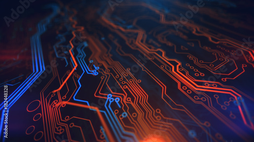Orange Yellow and Blue Digital Hardware Technology. Computer background. PCB. Printed circuit board. Computer motherboard. 3d illustration.
