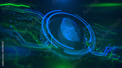 Access control. Fingerprint security. Cybersecurity and information technology. Blue, green background with digital integrated network technology. Printed circuit board. Technology background.