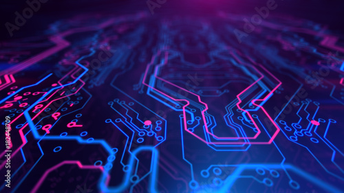 Purple, violet, blue neon background with digital integrated network technology. Printed circuit board. 3D illustration. Circuit board futuristic server code processing. PCB, Code, HTML.