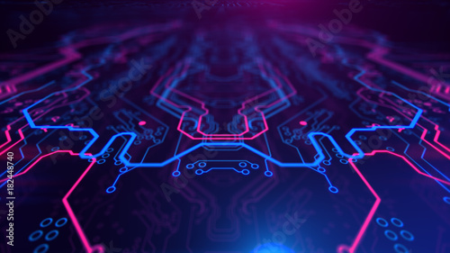 Purple, violet, blue neon background with digital integrated network technology. Printed circuit board. 3D illustration. Circuit board futuristic server code processing. PCB, Code, HTML.
