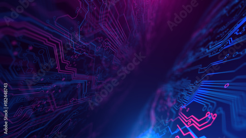 Purple, violet, blue neon background with digital integrated network technology. Printed circuit board. 3D illustration. Circuit board futuristic server code processing. PCB, Code, HTML.