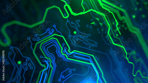 Abstract Technology background Circuit board futuristic server code processing PCB, Code, HTML Blue, green background with digital integrated network technology Printed circuit board